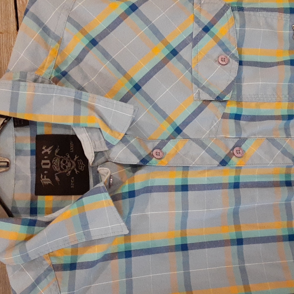 Fox Racing men's size extra large button-up short sleeve blue yellow green.